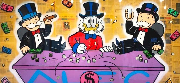 Monopoly & Scrooge Sitting In Table Game - 118" x 79" inch - mixed media