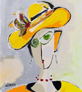 Dame au chapeau jaune - 92 x 73 cm - Technique mixte sur toile