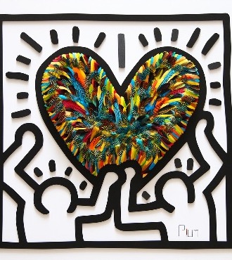 Crush Jungle - Tribute to Keith Haring - 47" x 47" - Plumes and drawing