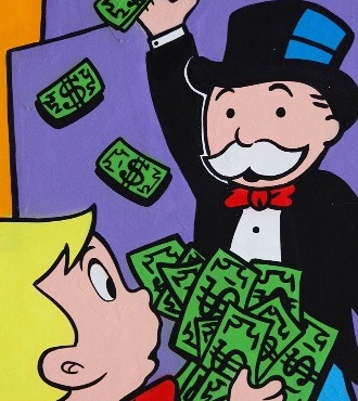 Richie giving $ to Monopoly - 36" x 24" inch - mixed media