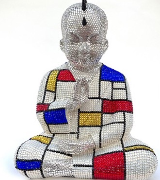 Punk Buddha - Holding Space feat Mondrian - 18" x 14" x 12" - Fiberglass, Acrylic paint, Swarovski crystals