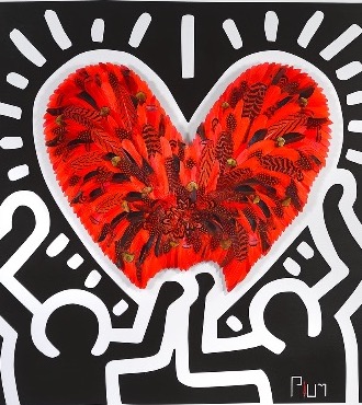 Crush - Tribute to Keith Haring - 47" x 47" - Plumes and drawing
