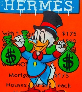 Scrooge $ Bag Weights Hermes TITLE DEED - 102 x 76 cm - Technique mixte sur toile