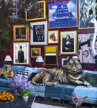 Tiger on the sofa - 12" x 8"  / 39" x 28" / 47" x 71" - Lacquer