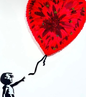 Girl with feathers balloon - Tribute to Banksy - 47" x 31" - Plumes and drawing