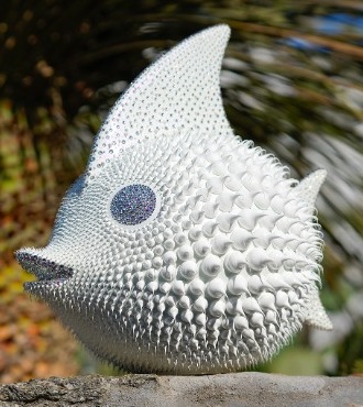 Poisson white - (L) 16" x (H) 17" x 11" inch - resin and silicone sculpture with Swarovski crystals