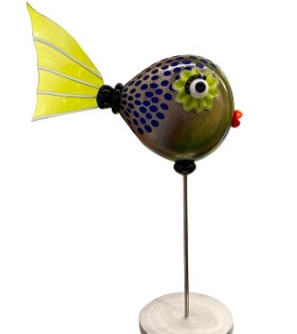 Battuto irisé queue panache verte - Sculpture en verre soufflé - H 60 x L 44 x D 18 cm