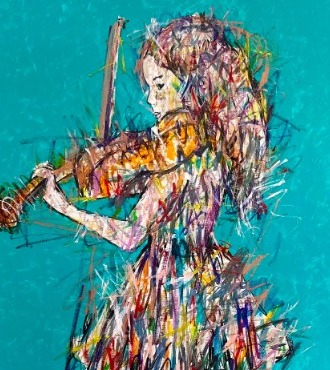 L'enfant qui joue le ciel - Inks of China, aerosol and resin on cloth - 39" x 59" inches