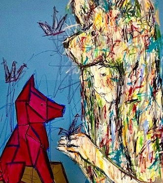 Le loup de papier - Inks of China, aerosol and resin on cloth - 47" x 47" inches