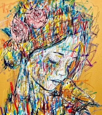 Sous les roses le chant de l'oiseau - Inks of China, aerosol and resin on cloth - 47" x 47" inches