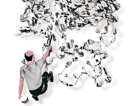 Hommage à Jackson Pollock black & white - 81 x 165 cm - Sculpture murale 3D en métal découpée au laser