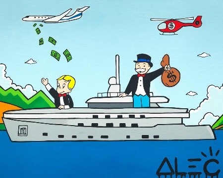 Monopoly and Richie on yacht - 48" x 36" inch - mixed media