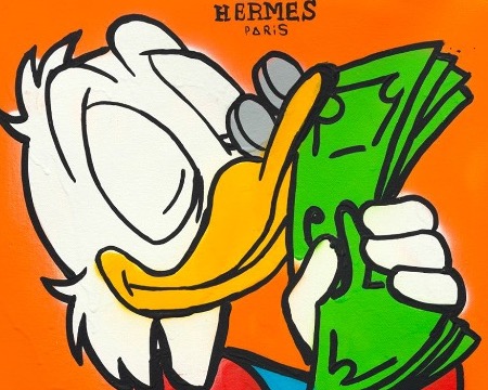 Hermes - Scrooge smelling money - 16" x 20" inch - mixed media
