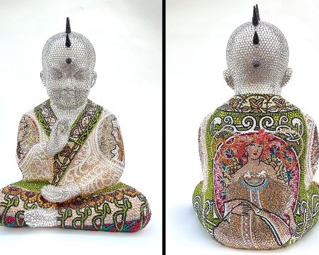 Punk Buddha - Through the window of my mind feat Mucha - 18" x 14" x 12" - Fiberglass, Acrylic paint, Swarovski crystals
