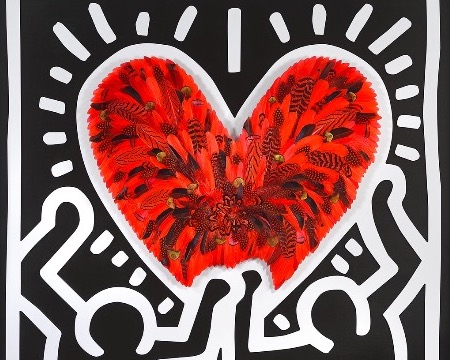 Crush - Tribute to Keith Haring - red and black background - 120 x 120 cm - Plumes et dessin