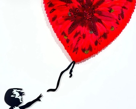 Girl with feathers balloon - Tribute to Banksy - 120 x 80 cm - Plumes et dessin