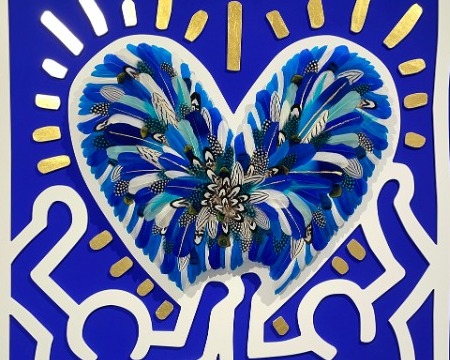 Crush - Tribute to Keith Haring - Bleu Klein - 47" x 47" - Plumes and drawing