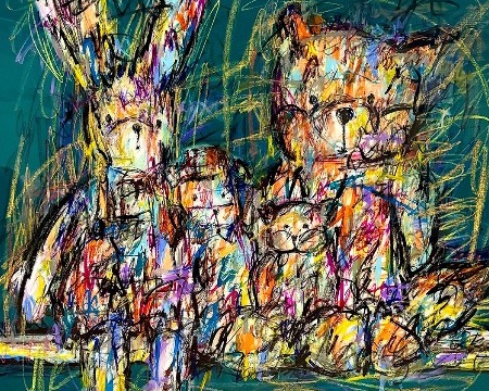 Lapin et renard - Inks of China, aerosol and resin on cloth - 59" x 59" inches