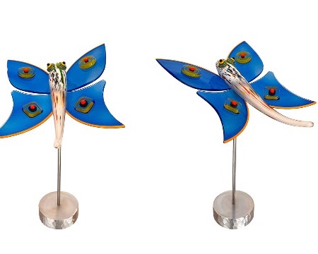 Papillon murines bleu - Sculpture en verre - H 45 x longueur 36 x largeur 26 cm