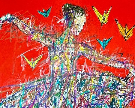 Le ballet d'origami - Inks of China, aerosol and resin on cloth - 77" x 51" inches