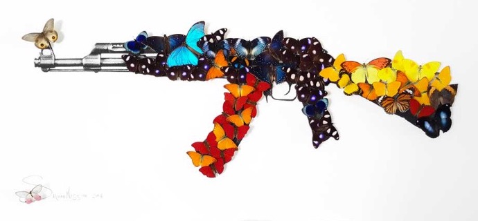 AK47 - Acrylic drawing on paper with mounted butterflies - 33,5"x51"x3,9"