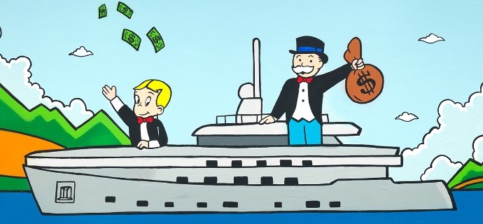 Monopoly and Richie on yacht - 48" x 36" inch - mixed media