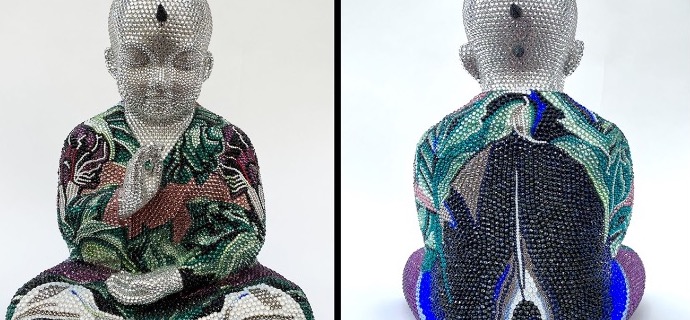 Punk Buddha - Captivated feat Okeefee - 18" x 14" x 12" - Fiberglass, Acrylic paint, Swarovski crystals