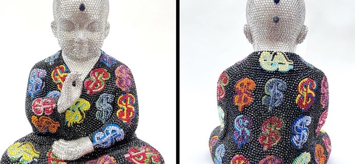 Punk Buddha - Desirable feat Warhol - 18" x 14" x 12" - Fiberglass, Acrylic paint, Swarovski crystals