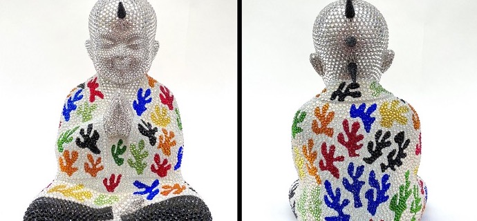 Punk Buddha - Just plain feat Matisse - 13" x 9" x 6" - Fiberglass, Acrylic paint, Swarovski crystals