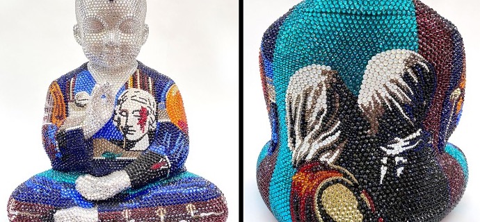Punk Buddha - The vail I feat Magritte - 18" x 14" x 12" - Fiberglass, Acrylic paint, Swarovski crystals
