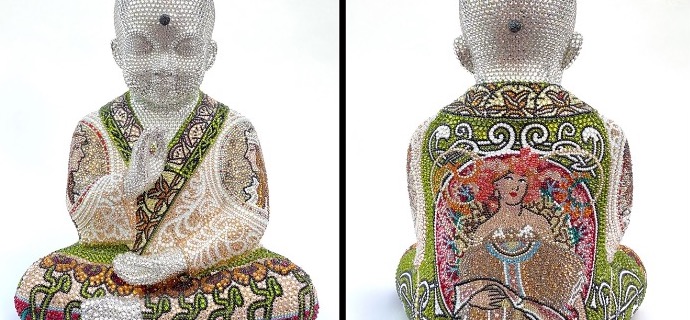 Punk Buddha - Through the window of my mind feat Mucha - 18" x 14" x 12" - Fiberglass, Acrylic paint, Swarovski crystals