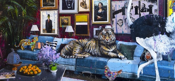 Tiger on the sofa - 12" x 8"  / 39" x 28" / 47" x 71" - Lacquer
