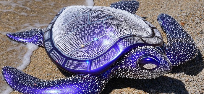 Blue Turtle - (L) 20" x (H) 6" x 12" inch - resin and silicone sculpture with Swarovski crystals