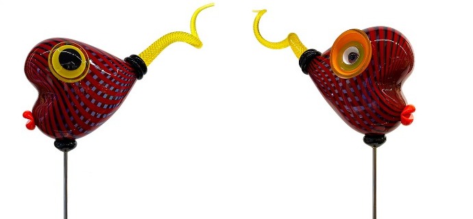 Poisson coeur rouge queue tourbillon - Sculpture en verre soufflé - H 57 x L 54 x D 18 cm