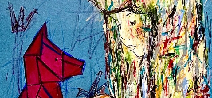 Le loup de papier - Inks of China, aerosol and resin on cloth - 47" x 47" inches