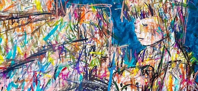 Le silence du piano - Inks of China, aerosol and resin on cloth - 59" x 59" inches