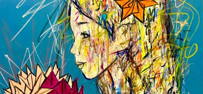 Sous l'étoile orange les pétales se souviennent - Inks of China, aerosol and resin on cloth - 47" x 47" inches