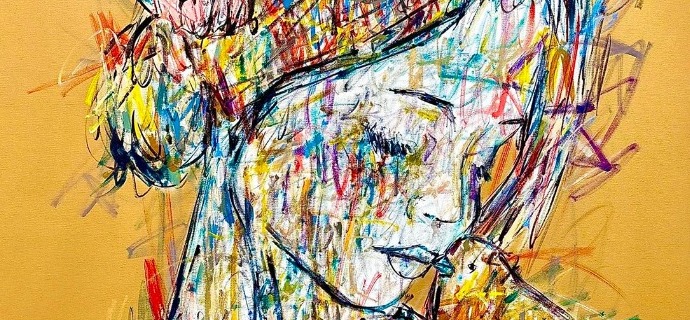 Sous les roses le chant de l'oiseau - Inks of China, aerosol and resin on cloth - 47" x 47" inches