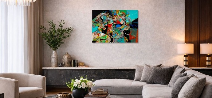 La danse de la vie en intérieur - 100 x 80 cm ou 24 x 30 cm - Laque sur aluminium