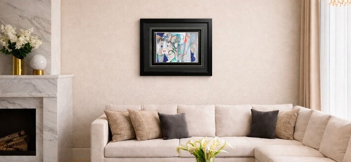 Le bleu de notre amour en intérieur - 70 x 56 cm encadré  - Technique mixte